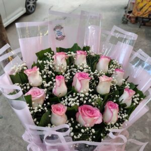 Pink & White Rose Bouquet with Baby's Breath