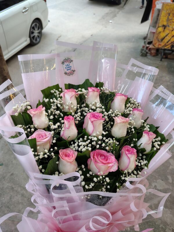 Pink & White Rose Bouquet with Baby's Breath